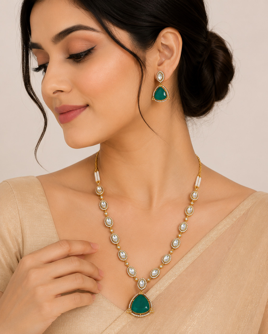 Green Stone Pendant Necklace Gold Tone Wedding Party Jewelry for Women 141