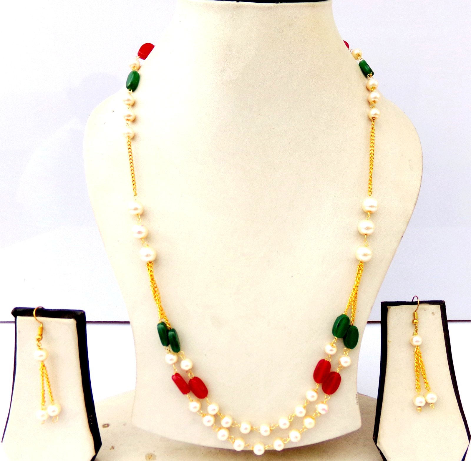 Indian Bollywood Gold Plated Pearls Mala Bridal Necklace Earrings Jewelry Set
