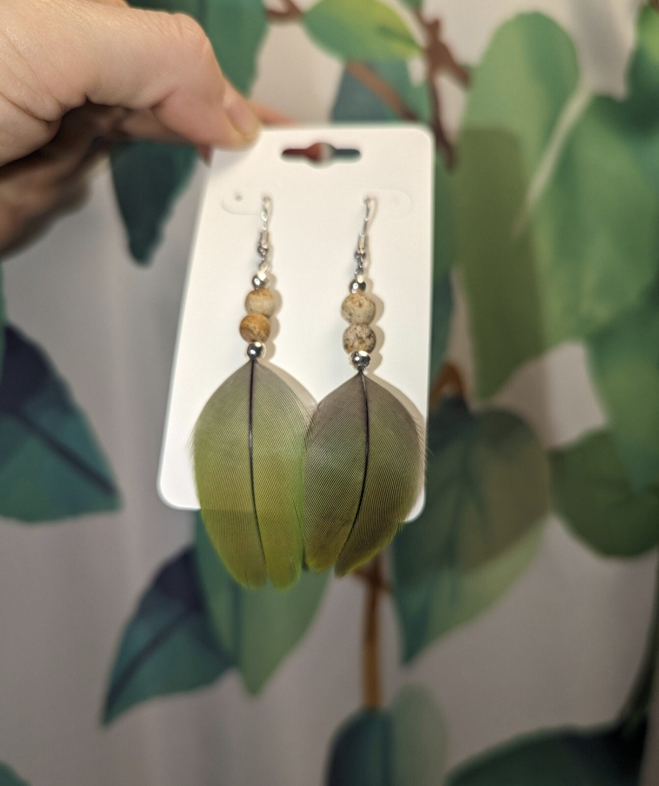 Macaw Parrot Feather Earrings Naturally Sourced- Noe Harm Farm Animal Sanctuary