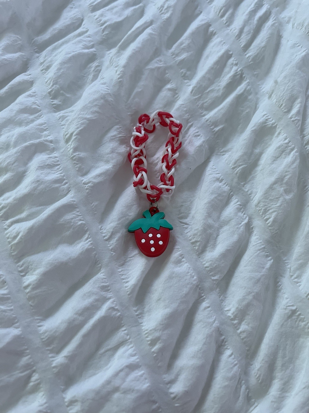 Red & White Braided Chain Charm Bracelet Slip-On, Strawberry Dangle
