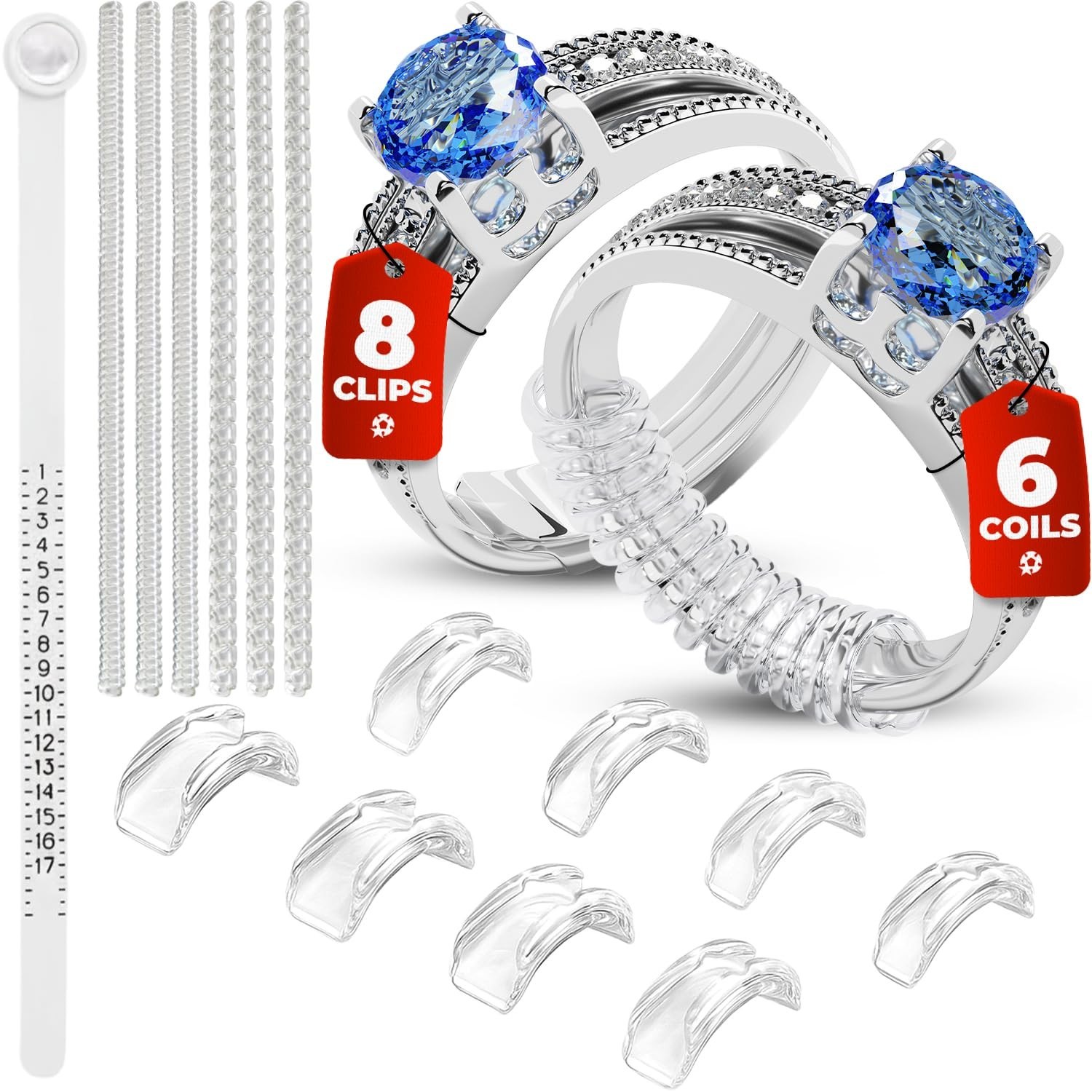 Adjustable Ring Sizers – 8 Clip & 6 Coil Adjusters, Finger Size Gauge 1-17 USA