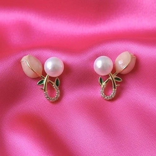 Gold Flower Stud Earrings Freshwater Pearl Pink White Green Enamel Butterfly