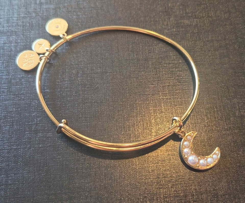 Alex and Ani Pearl Moon Charm Bangle, Copper Color Blue White Colired Stones