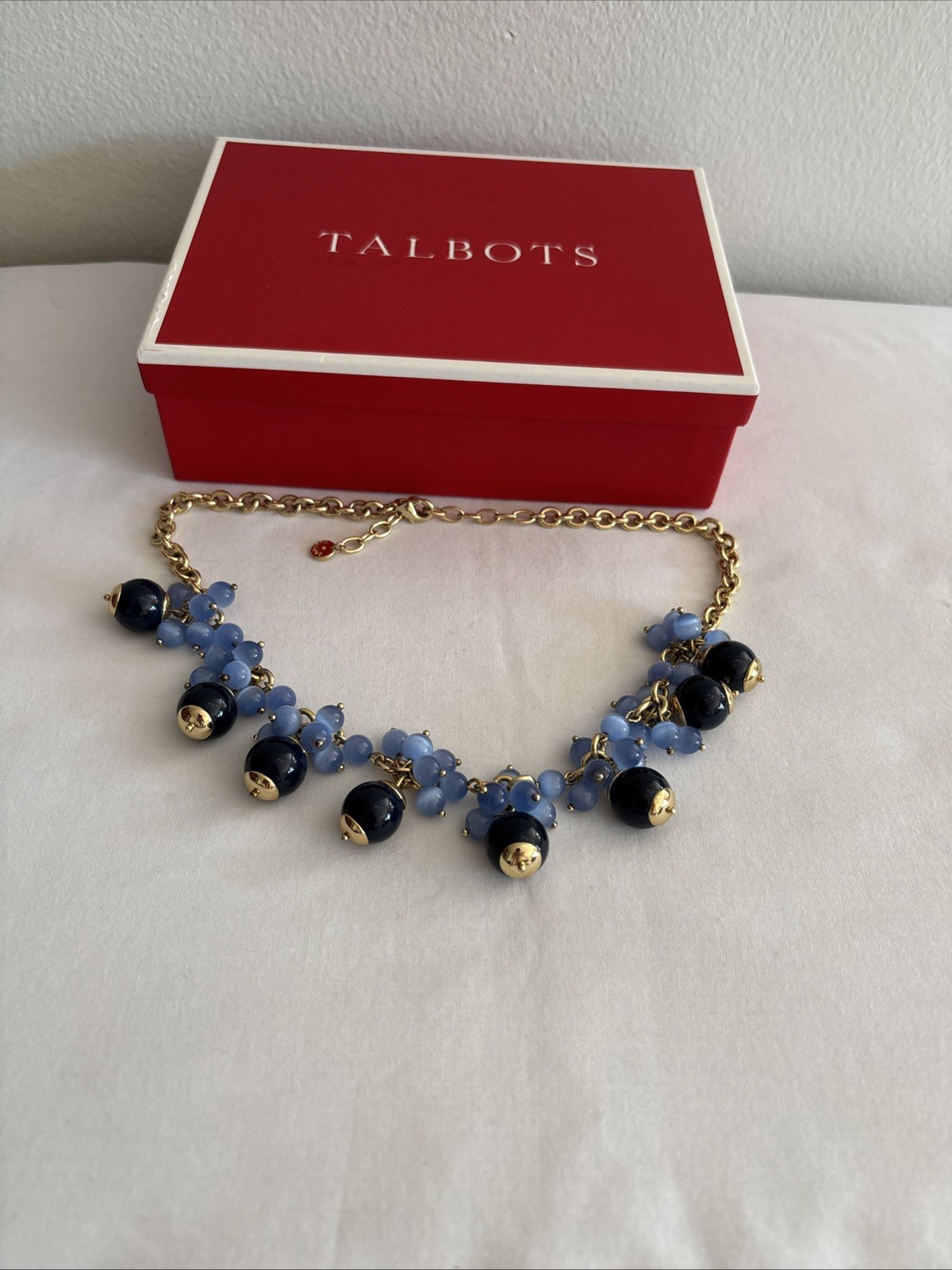 NEW Talbots Dark & Light Blue Glass Beaded 20” Necklace Gold Tone Chain