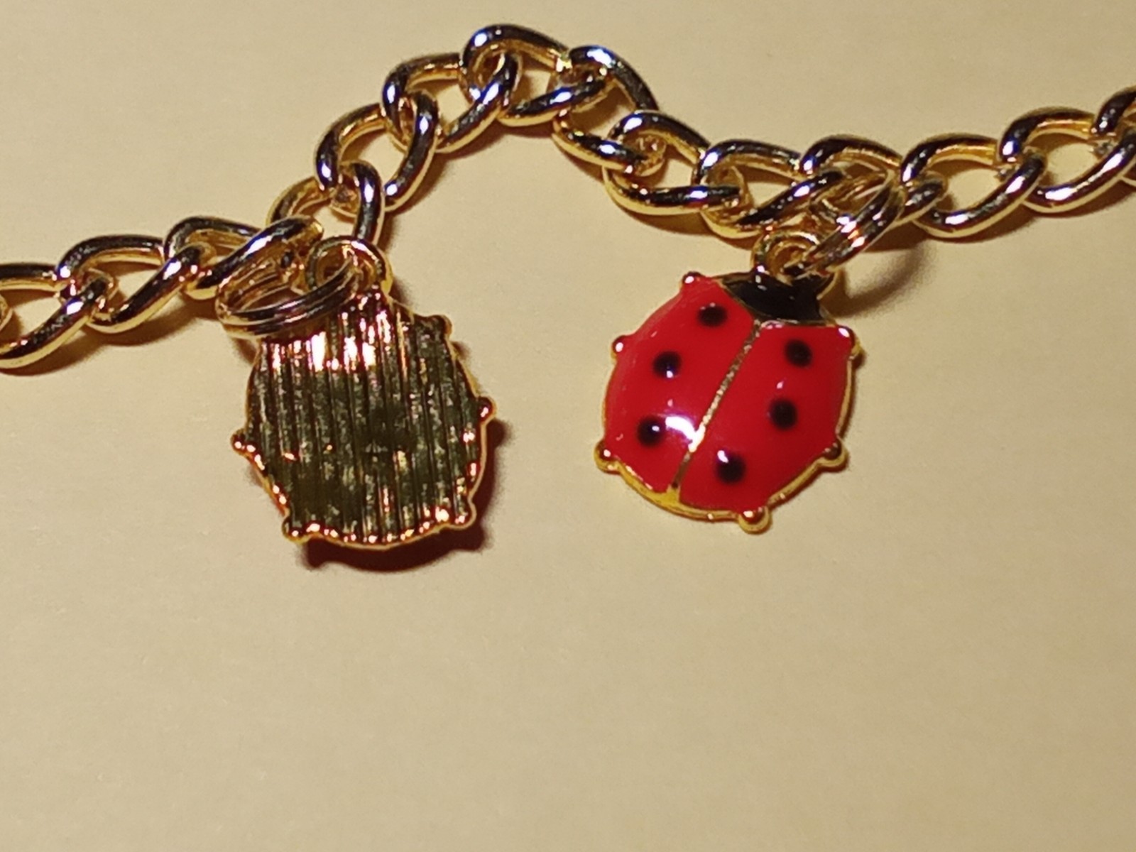 Ladybug Bracelet Gold tone chain 5 red black enamel charms ext chain Summer CUTE