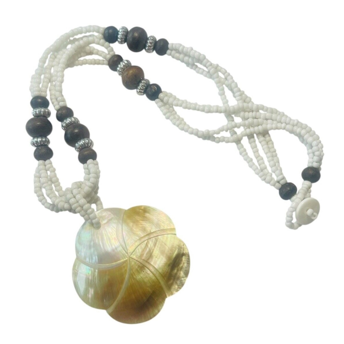 Beaded Shell Pendant Necklace Floral Flower Multi Strand White Seed Bead 20″