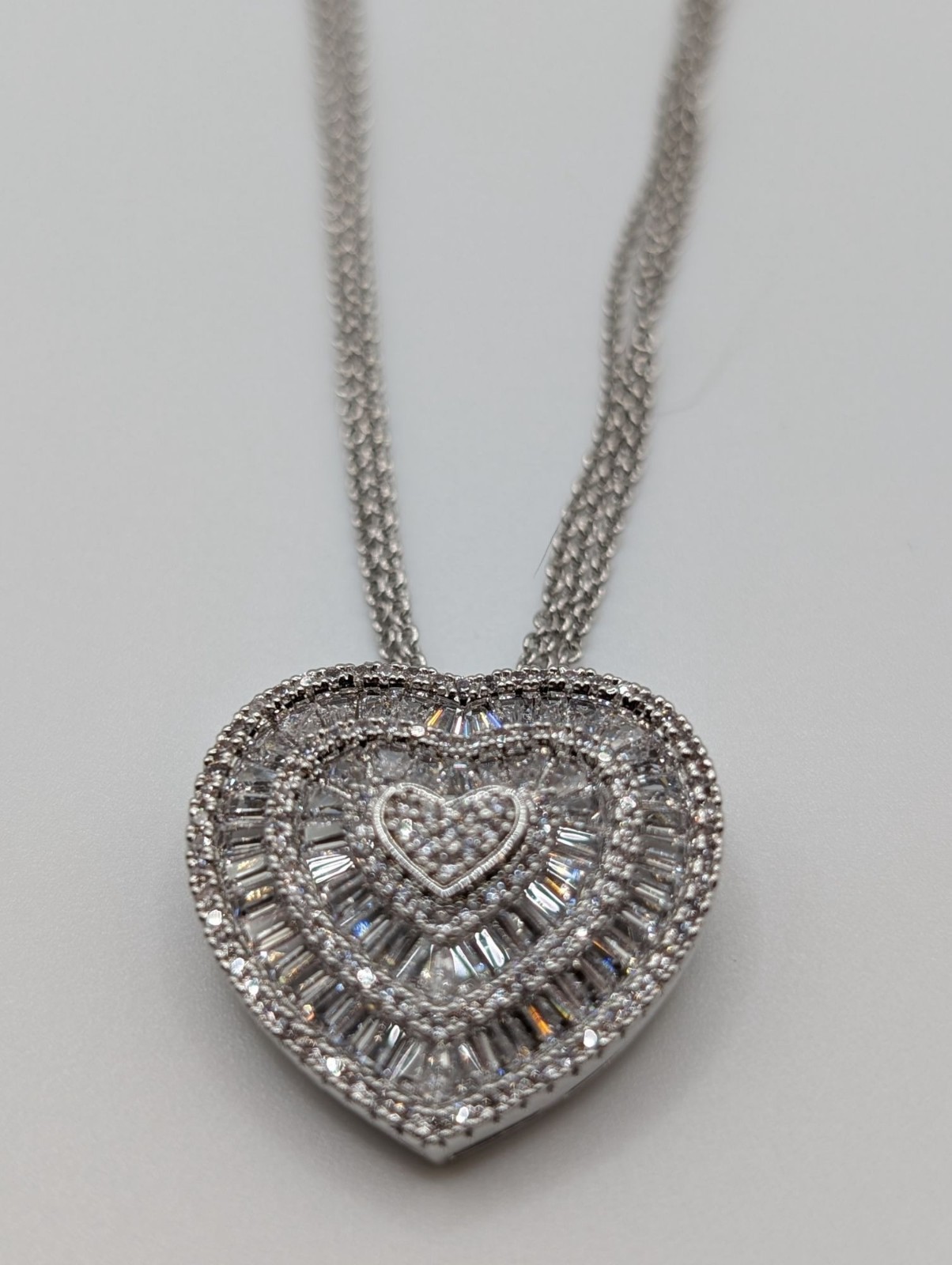 Shop LC Cubic Zirconia Sterling Silver Heart Pendant Necklace Triple-strand Chai