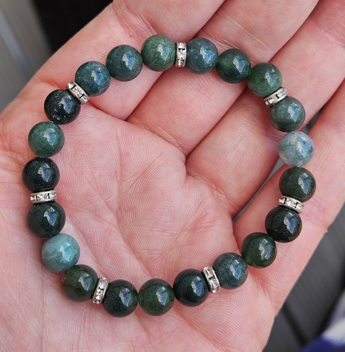 Moss Agate 8mm Round Stone Beaded Stretch Bracelet w Gold Tone Rhinestone Beads