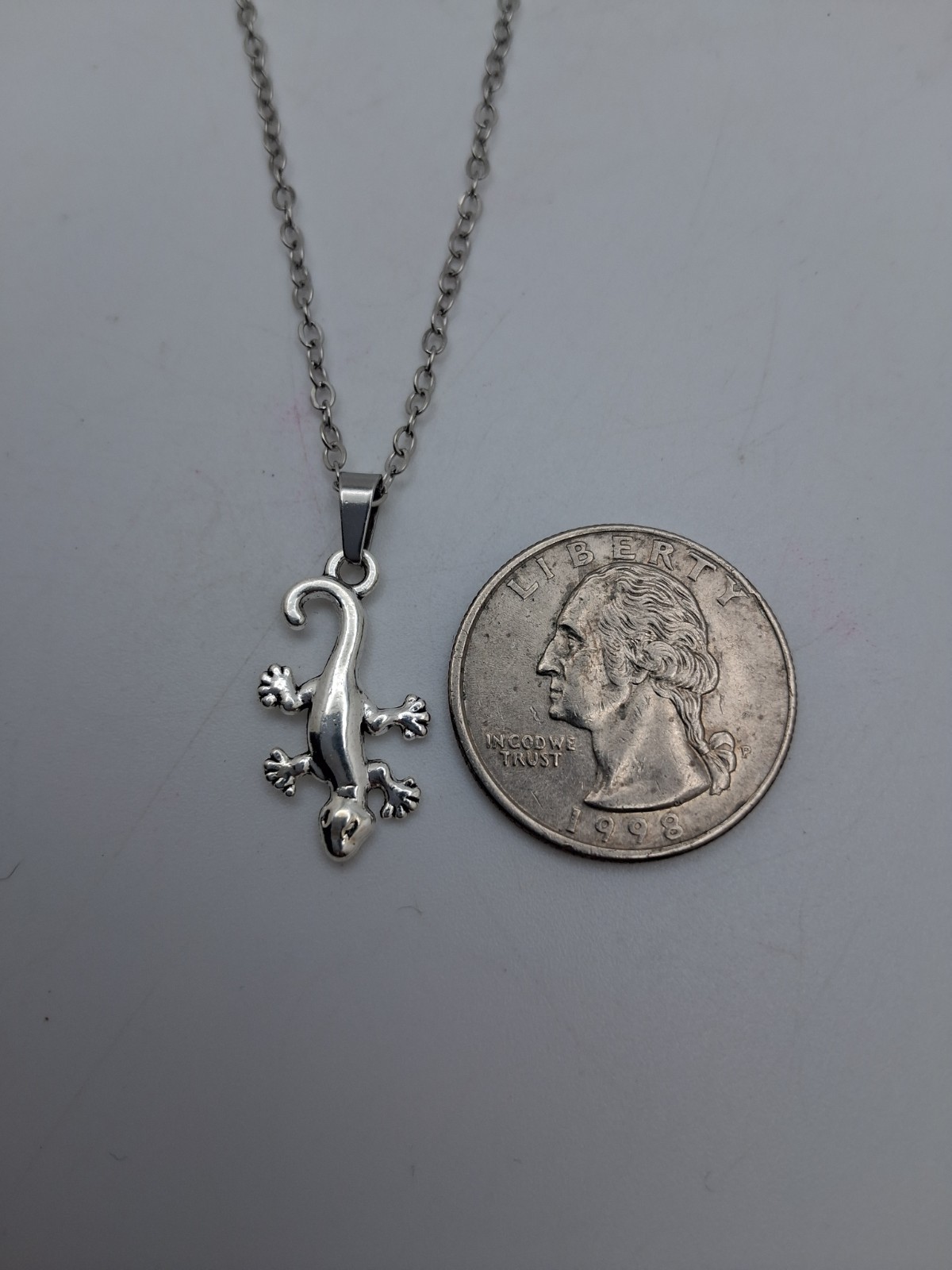 Tiny Gecko Lizard Charm Pendant Necklace Simple Minimalist Gift Silver Toned
