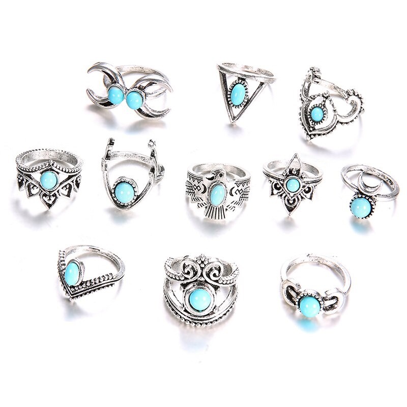 Bohemian 11PC Ring Lot Ring Popular Silver Tone Boho Rings Set Aqua Stones NEW