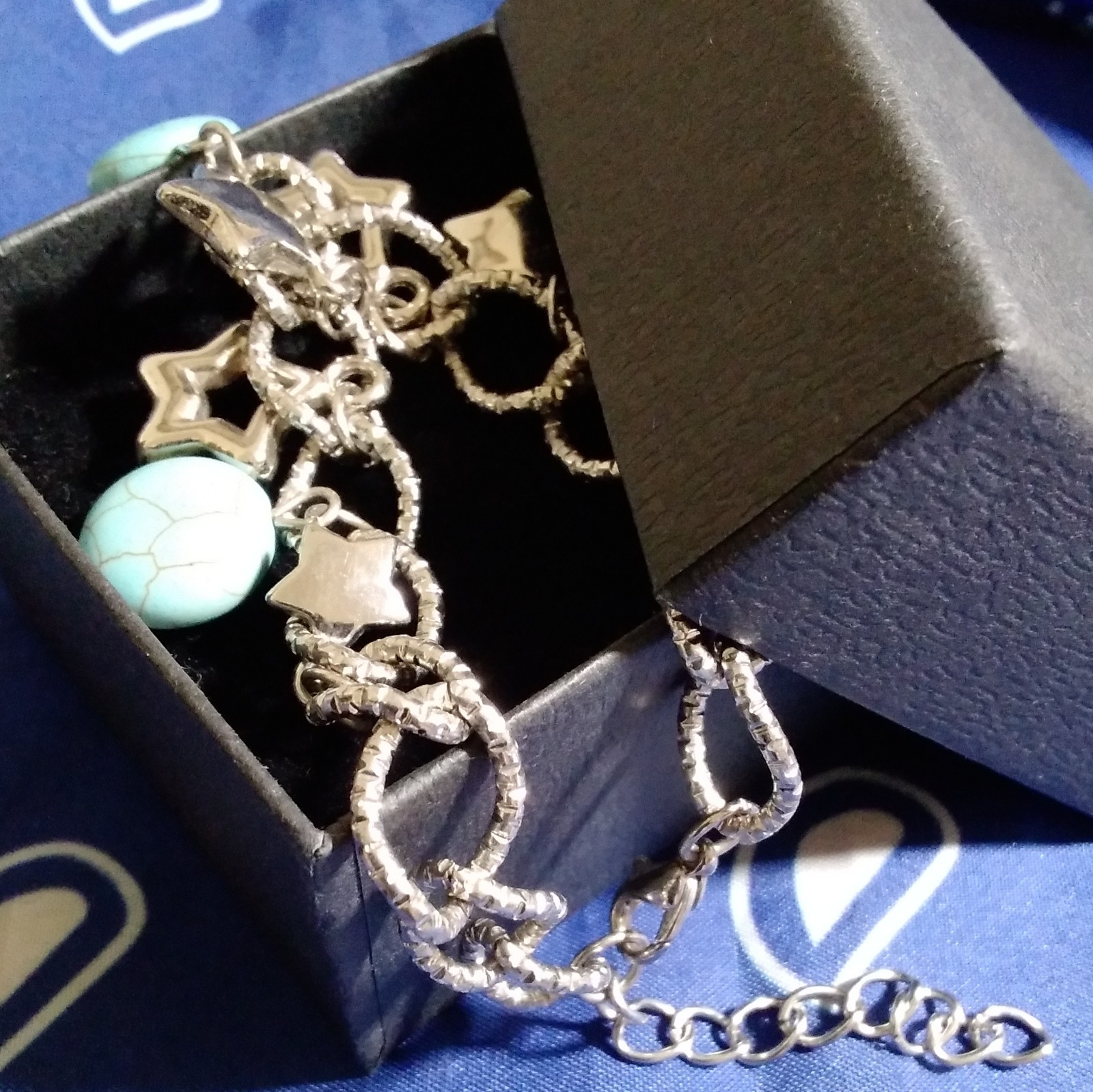 Silver Tone Star Dangle Charm Cable Chain Bracelet Blue Beads, Lobster, Adj.