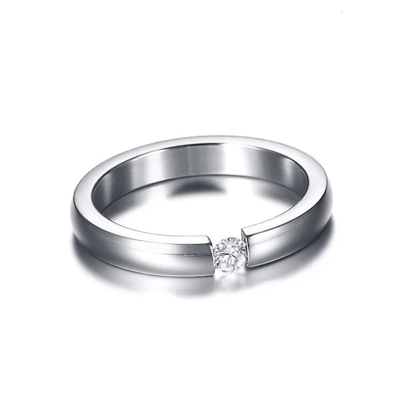 Stainless Steel Ring Simulated Zirconia 3mm Thin Solitaire Engagement Jewelry