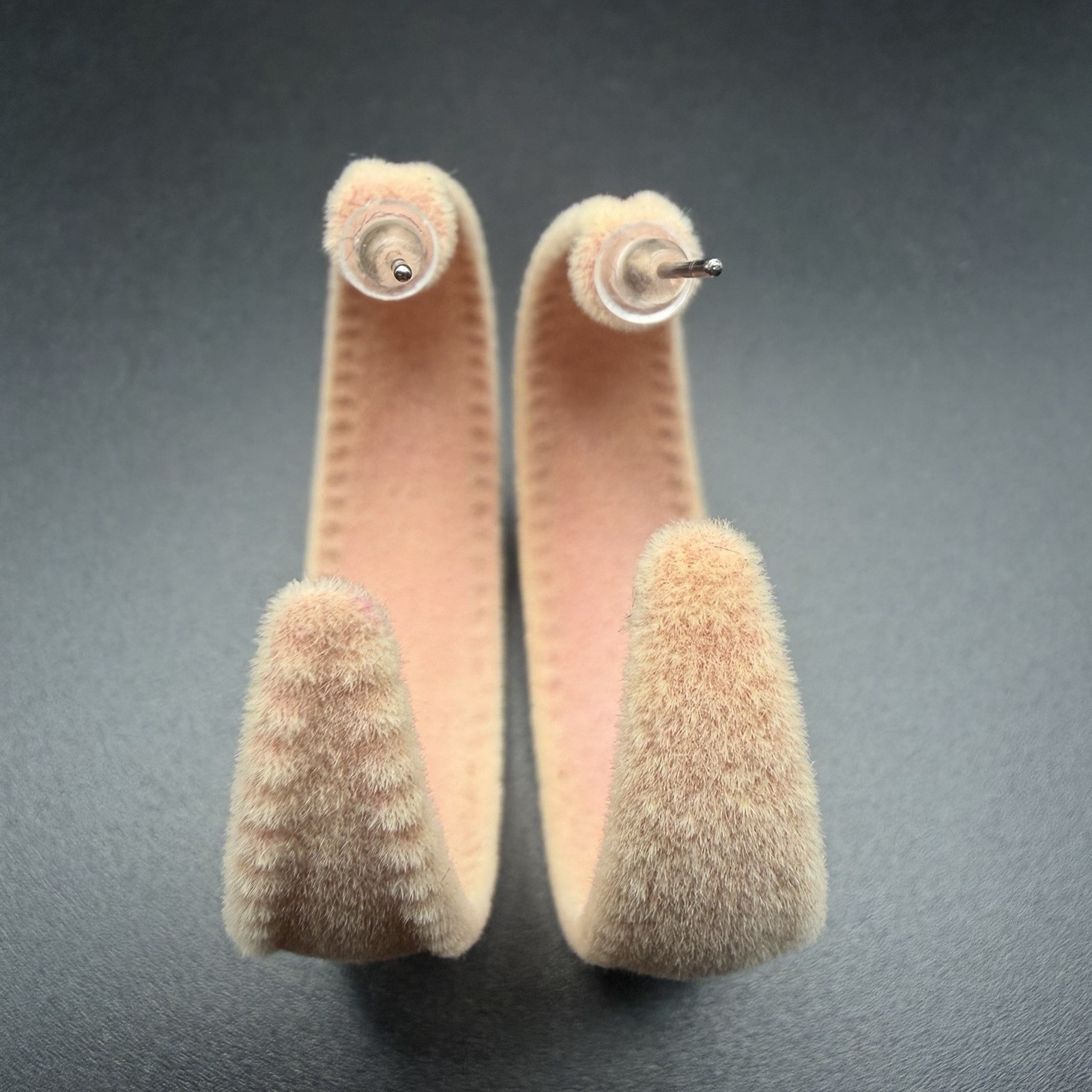 Chunky Velvet Hoop Earrings – Fuzzy Tan Beige Plush Open C Shape Studs Women’s
