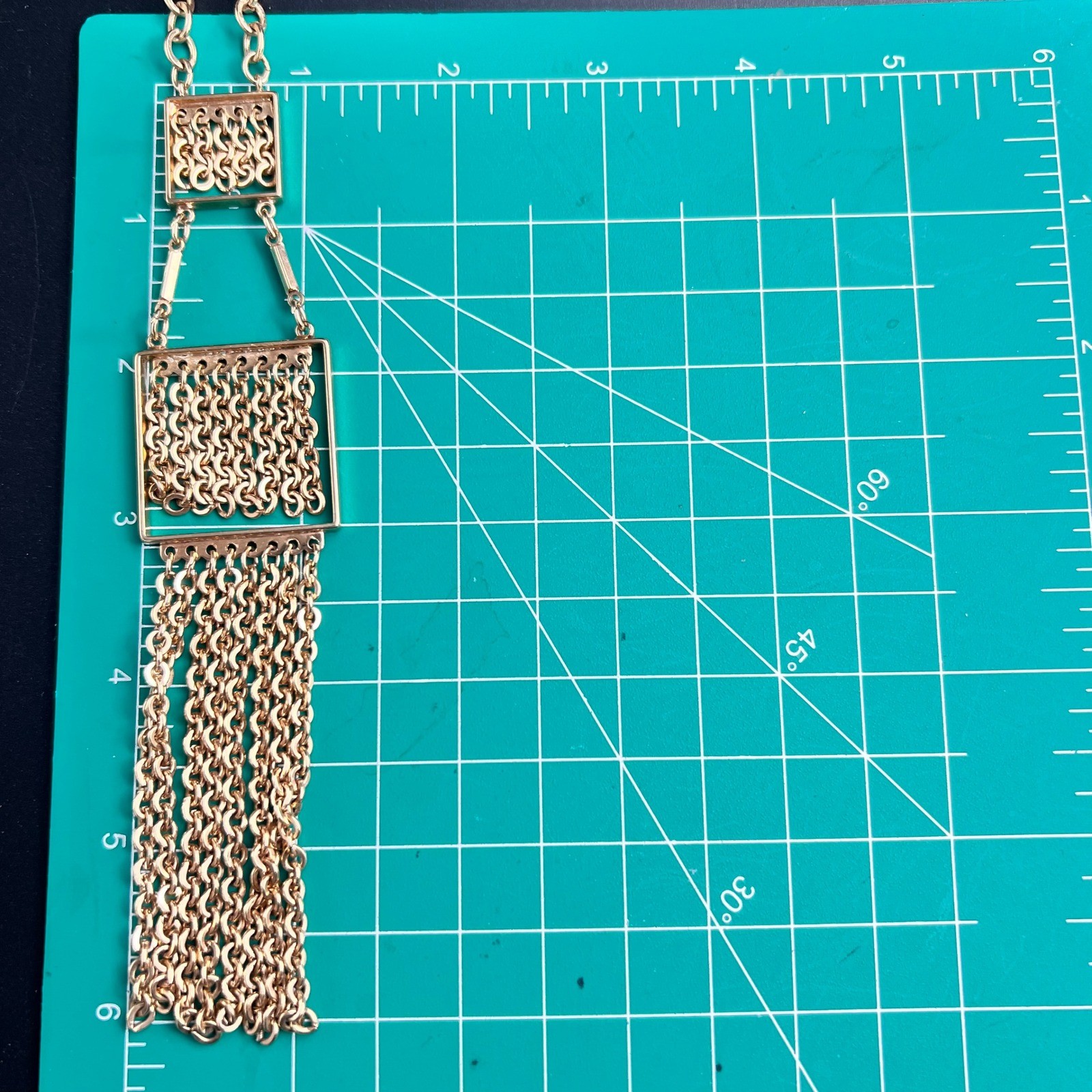 Circa 1970 Park Lane Gold Tone Geometric Mesh Square Fringe Tassel Necklace 20″