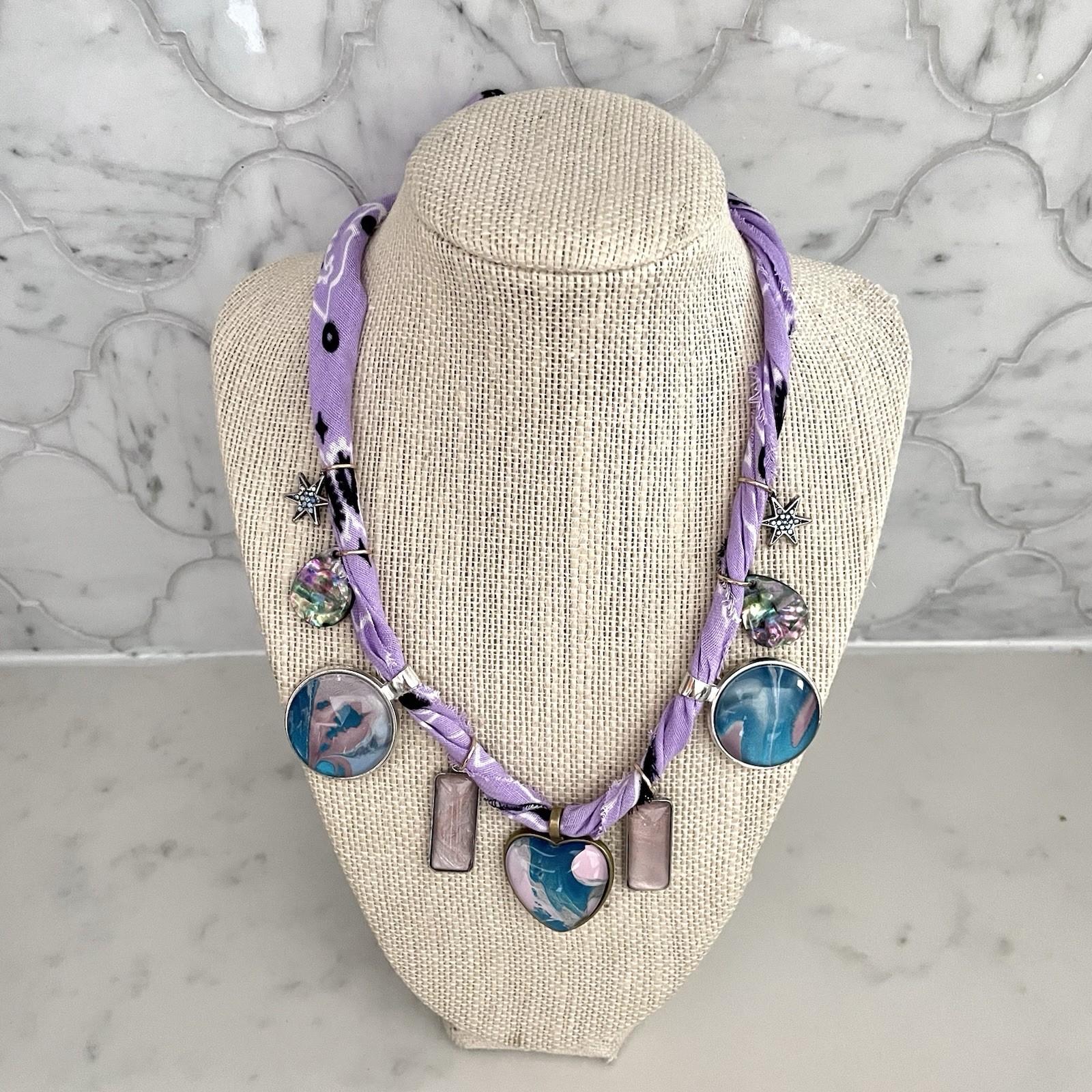 Fluid Art Paint Pour Handmade Charm Bandana Necklace Purple, Blue, Pale Pink