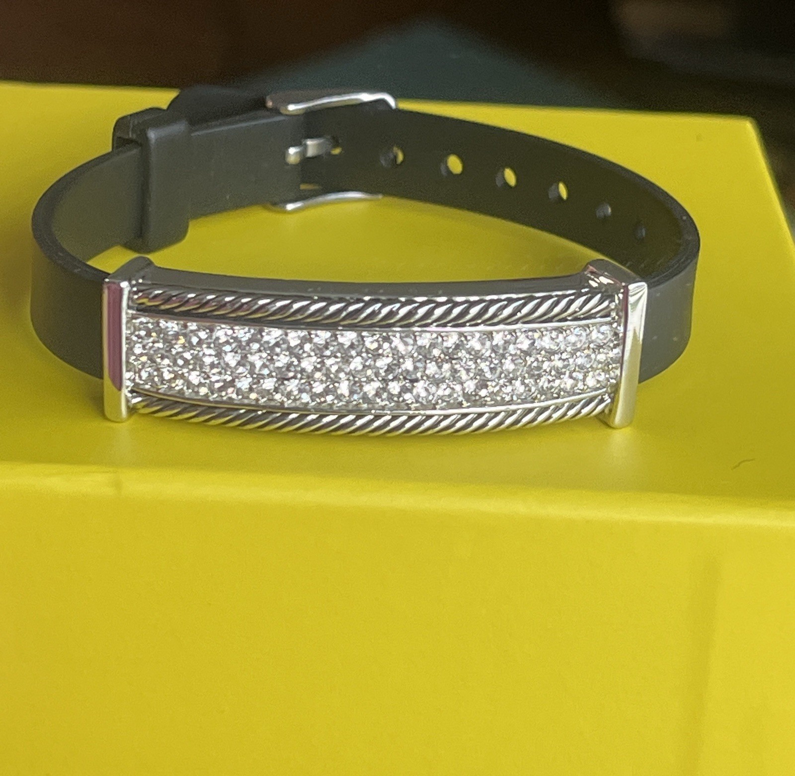 Lia Sophia Black Faux Leather Adjustable Buckle Bracelet Silver- Crystal Bar