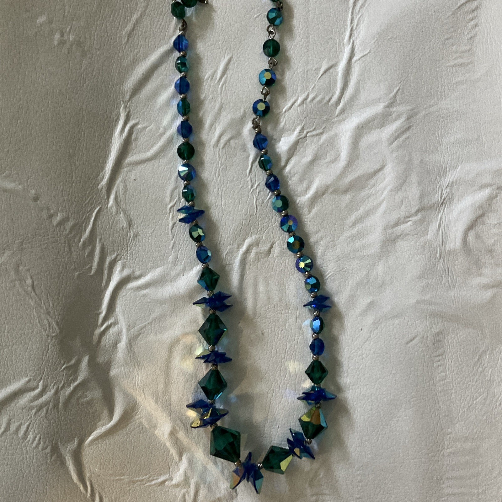 Blue Green Simulated Round Crystal Beaded Necklace Ball/Bead Chain Hook