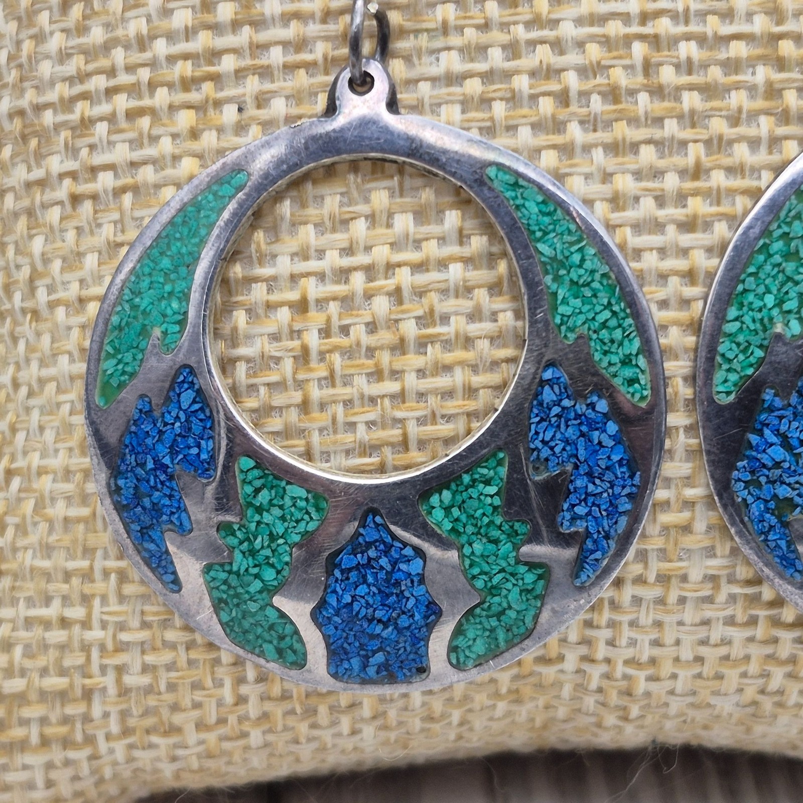 Silver Tone Green & Blue Western Southwestern Hoop Earrings Hook Pierced