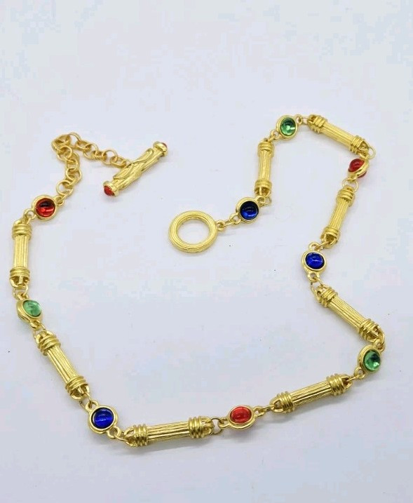 Gripoix Style Staion Necklace Red Blue Green Matte Gold Tone Poured Resin 19 in