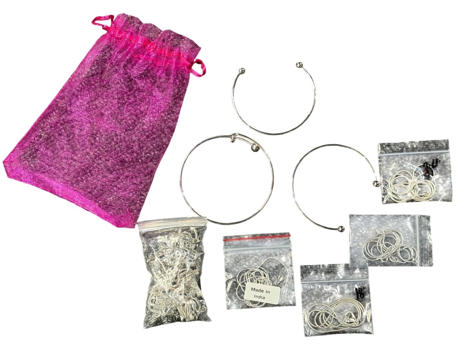 Silver Plated Brass Bangle Bracelet and Necklace Set Jewelry Lot Charms Pouch
