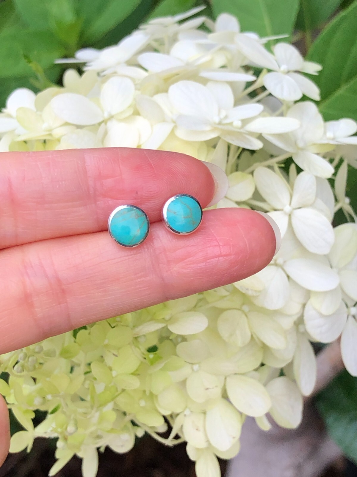 Round Turquoise Stud Earrings 925 Sterling Silver Post Small 7mm/0.28″