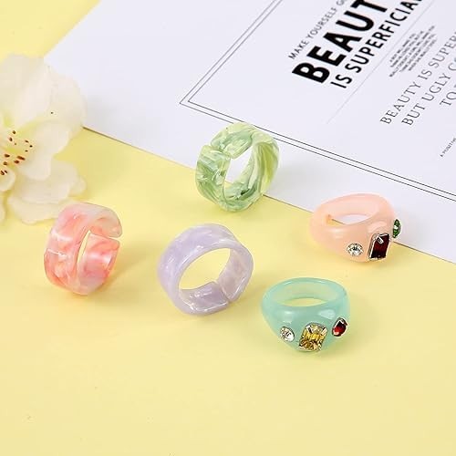 20 Pcs Resin Rings Acrylic Cute Trendy Rings Colorful 20Pcs Resin Rings