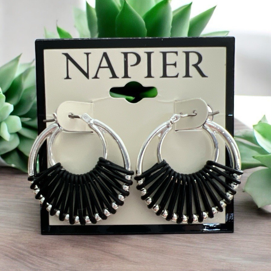 Napier 1 1/4″ Silver Tone/Black Wrap Hoop Earrings-NWT