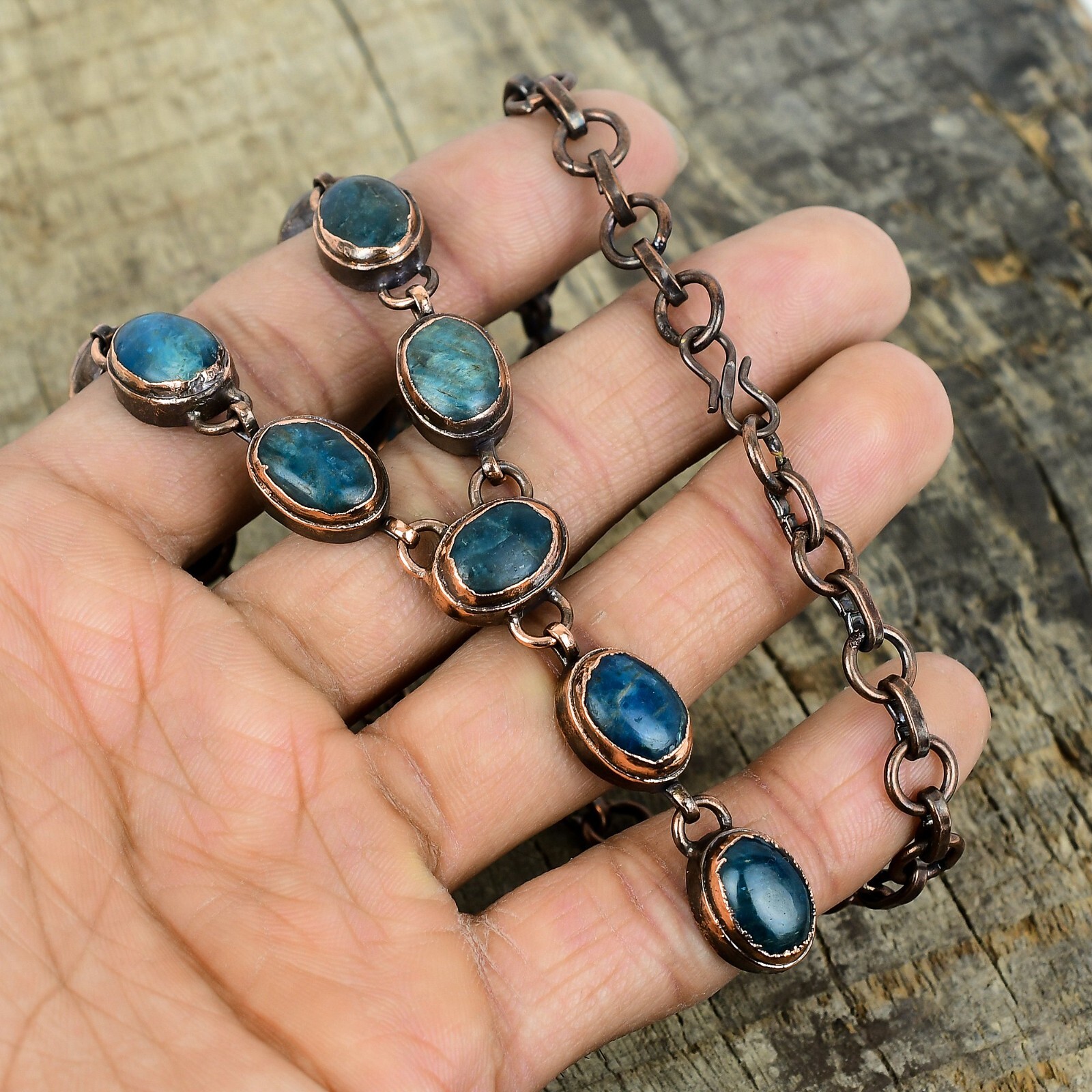 Copper Oval Neon Apatite Gemstone Chain Electroformed Artisan Necklace Jewelry