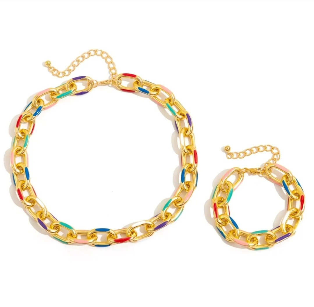 Chunky Statement Jewelry Set Gold Multi Color Necklace & Bracelet 13-8