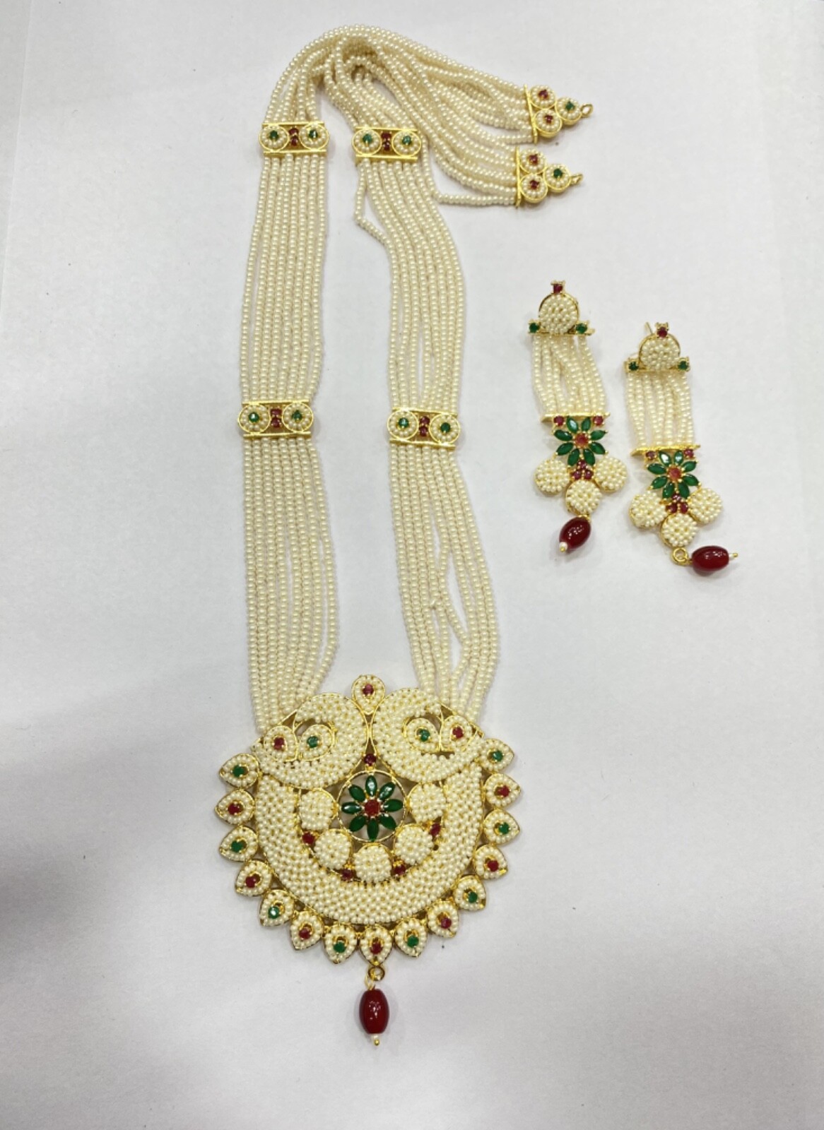 Indian Ruby Emerald Pearl Necklace Set Bridal Jewelry long Wedding Party Wear