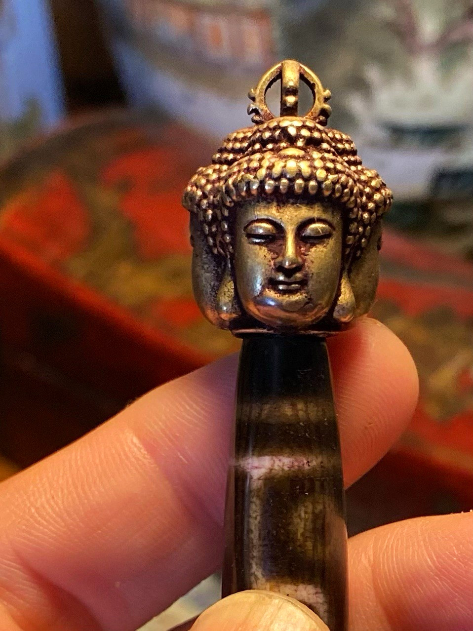 Tibetan-Style Dzi Bead Buddha Head Pendant made of agate
