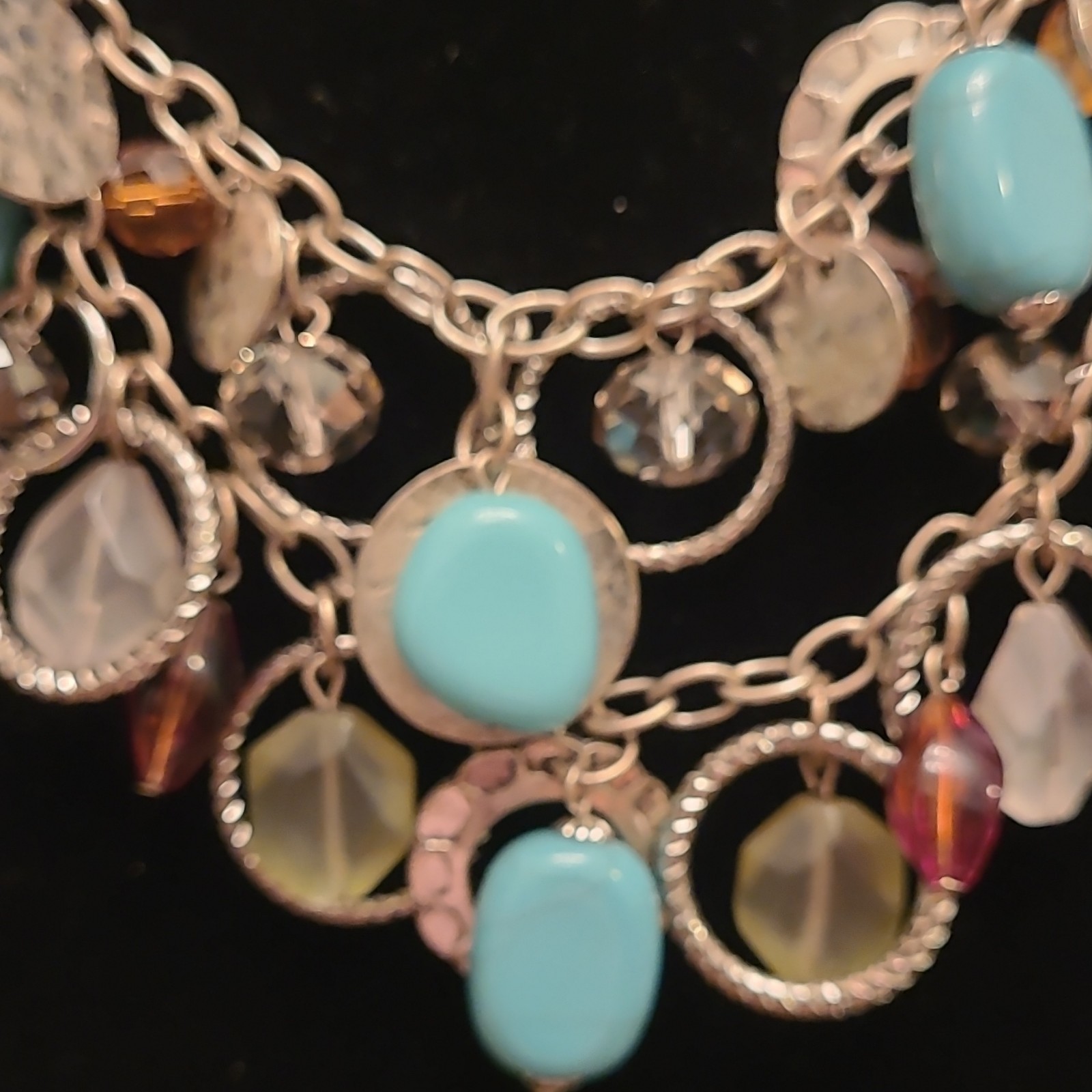 Premier Silver Tone Oval Link Chain Boho Blue Glass Stone Necklace Adj Signed