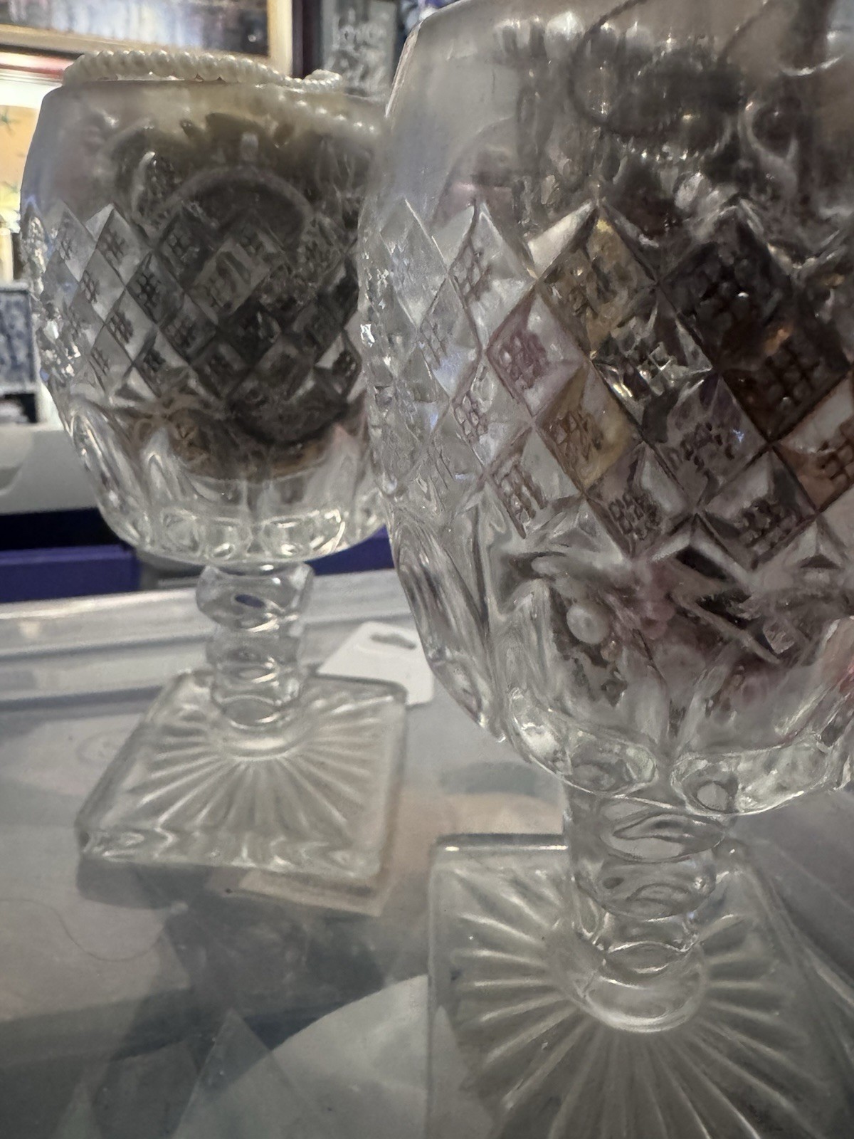 Mystery Jewelry jar 540 in 2 Clear Glass Goblets, Square Base, Diamond Pattern