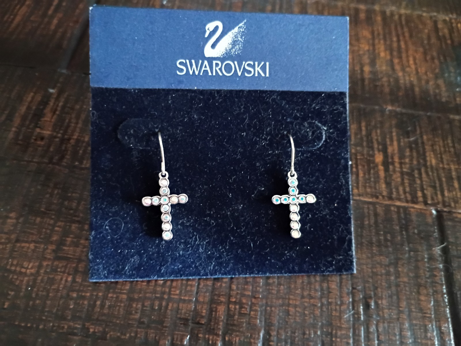 New Swarovski Silver Crystal/Iredescent Stone Cross Earrings