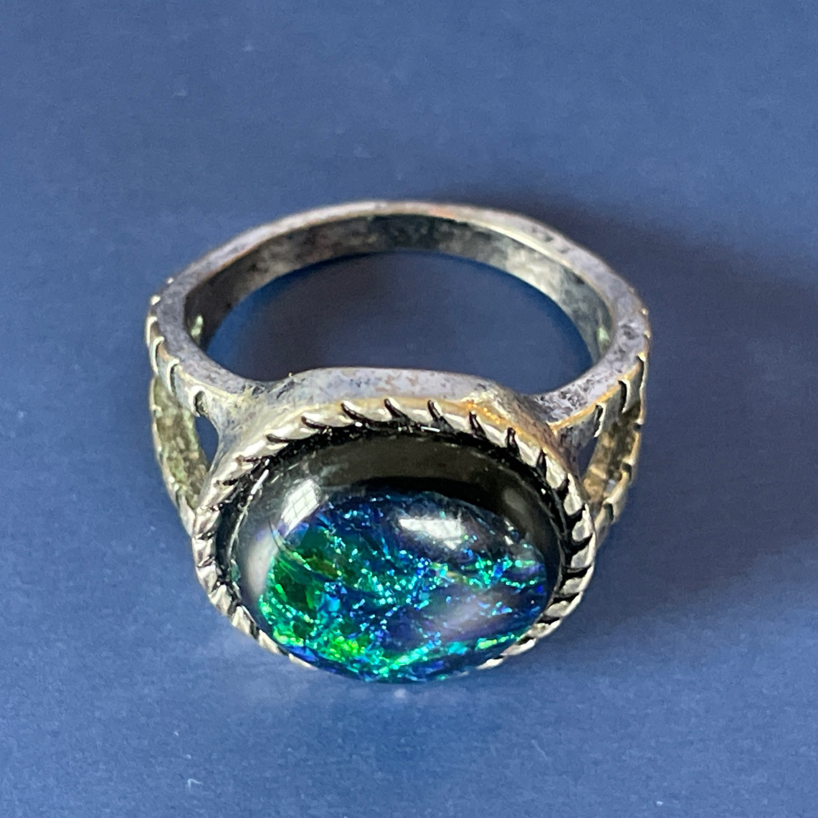 Green & Blue Dichroic Glass Silver Tone Ring – Size 6.75
