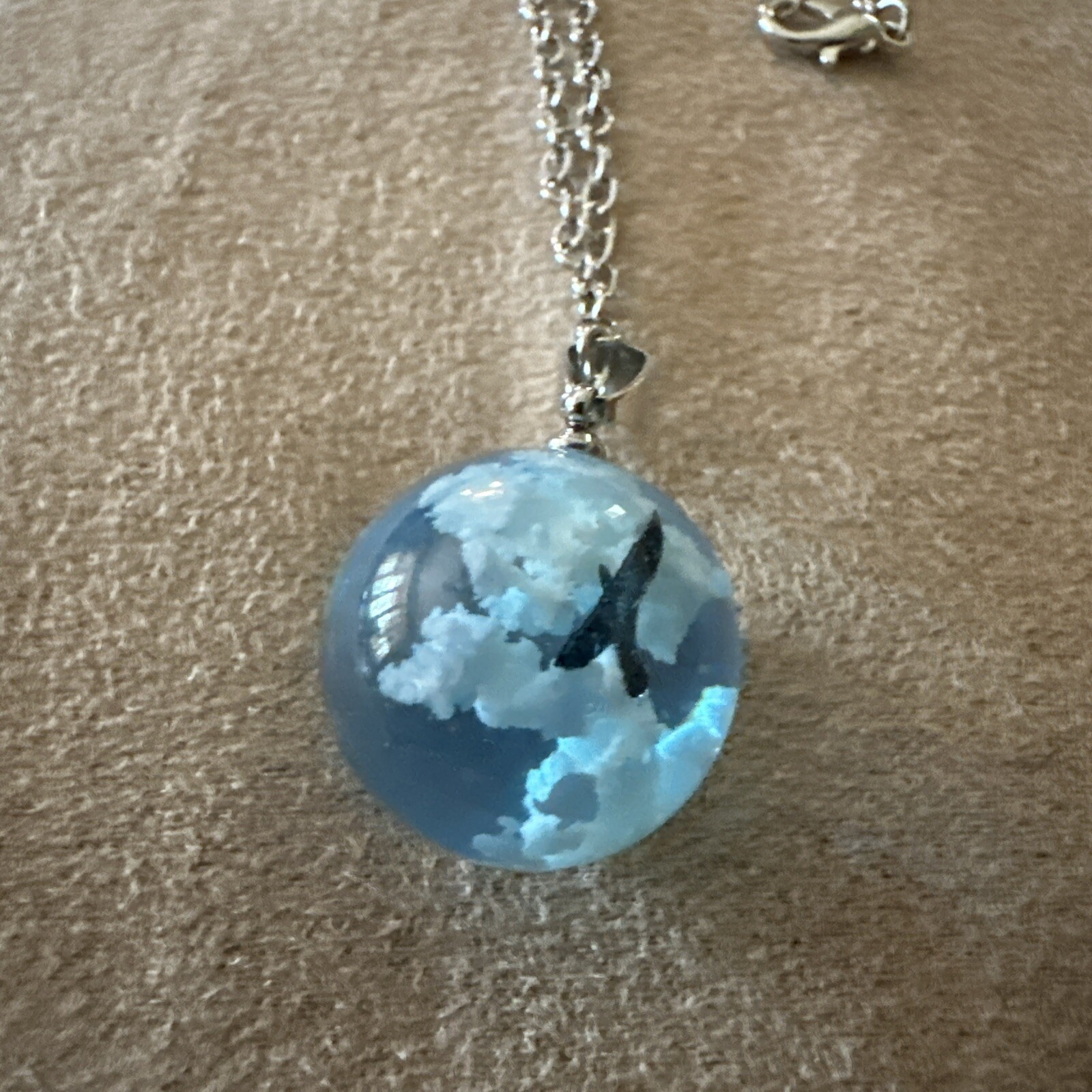 One Airplane Flying Blue Sky White Cloud Necklace Transparent Ball Shape Resin