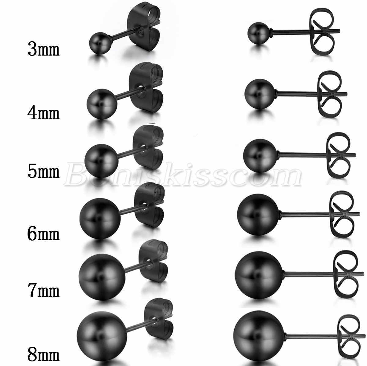 Unisex Simple Black Stainless Steel Round Ball Ear Studs Charm Earrings 3-8mm