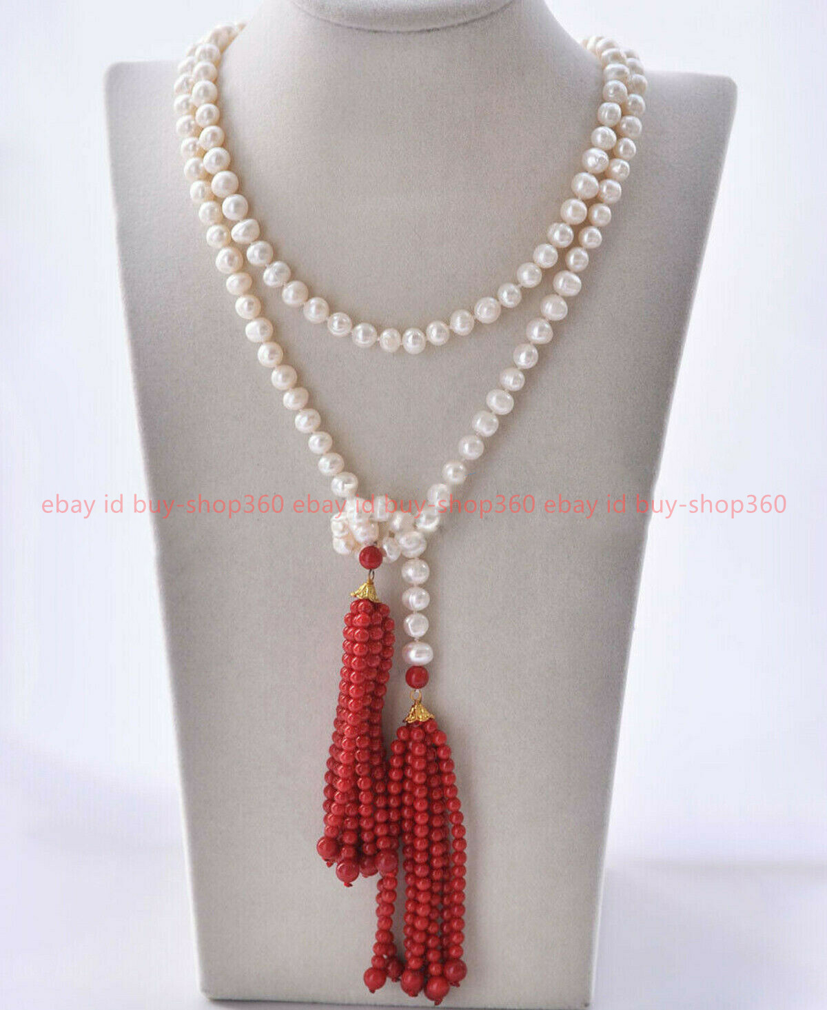 7-8mm Natural White Round Freshwater Pearl 4mm Red Coral Tassels Necklace 48″