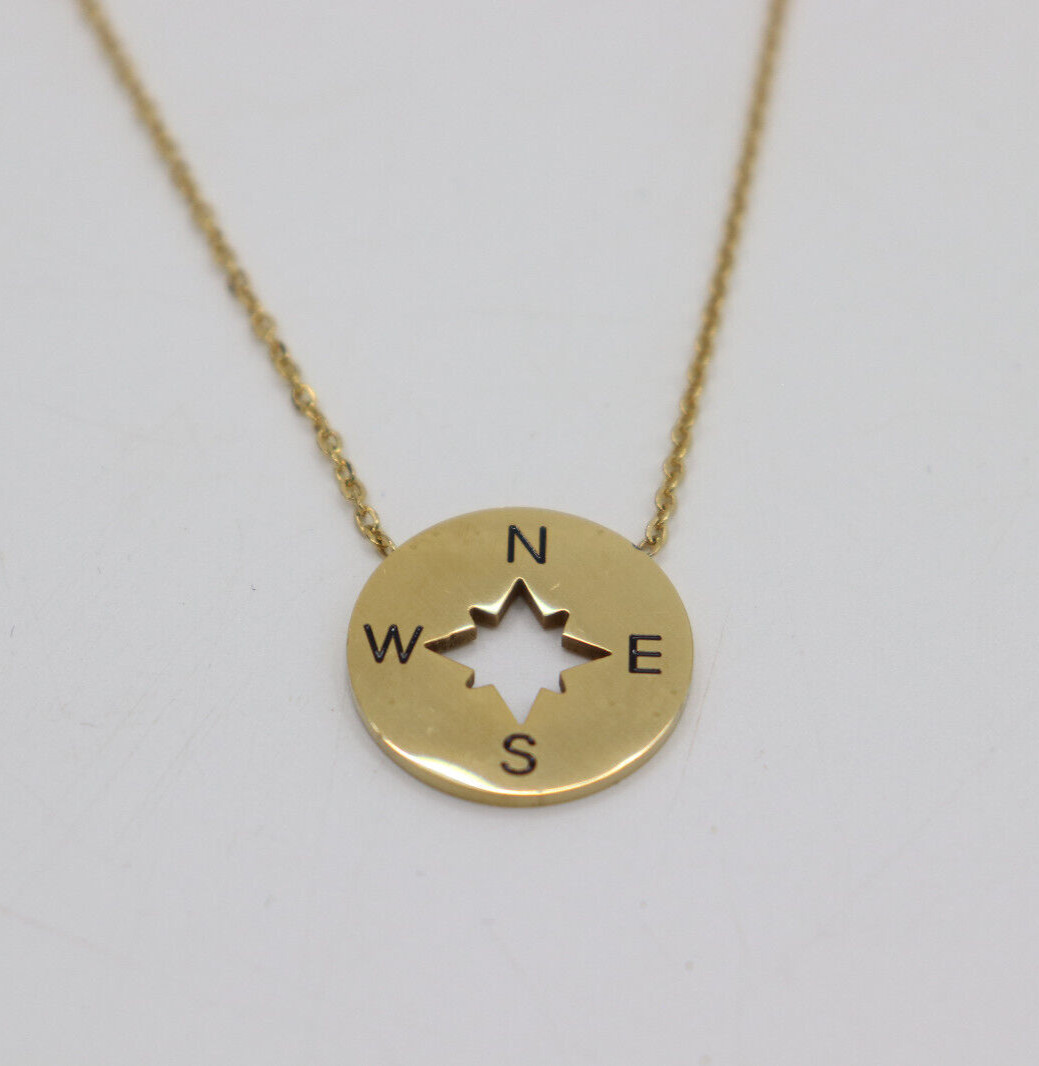 Gold Toned Compass Necklace – Round Pendant N, S, E, W – Jewelry for Women