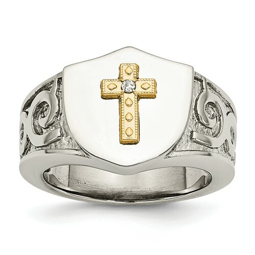 *BRAND NEW* Chisel Polished 10K Gold Cross .02 Carat Diamond Ring SR293-10