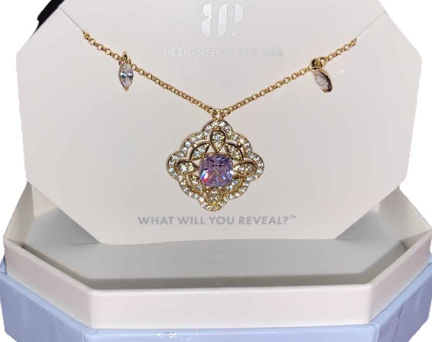 “Neckline Negotiator” NK63760 Lavender Topaz Gold Necklace Bomb Party