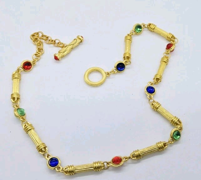 Gripoix Style Staion Necklace Red Blue Green Matte Gold Tone Poured Resin 19 in