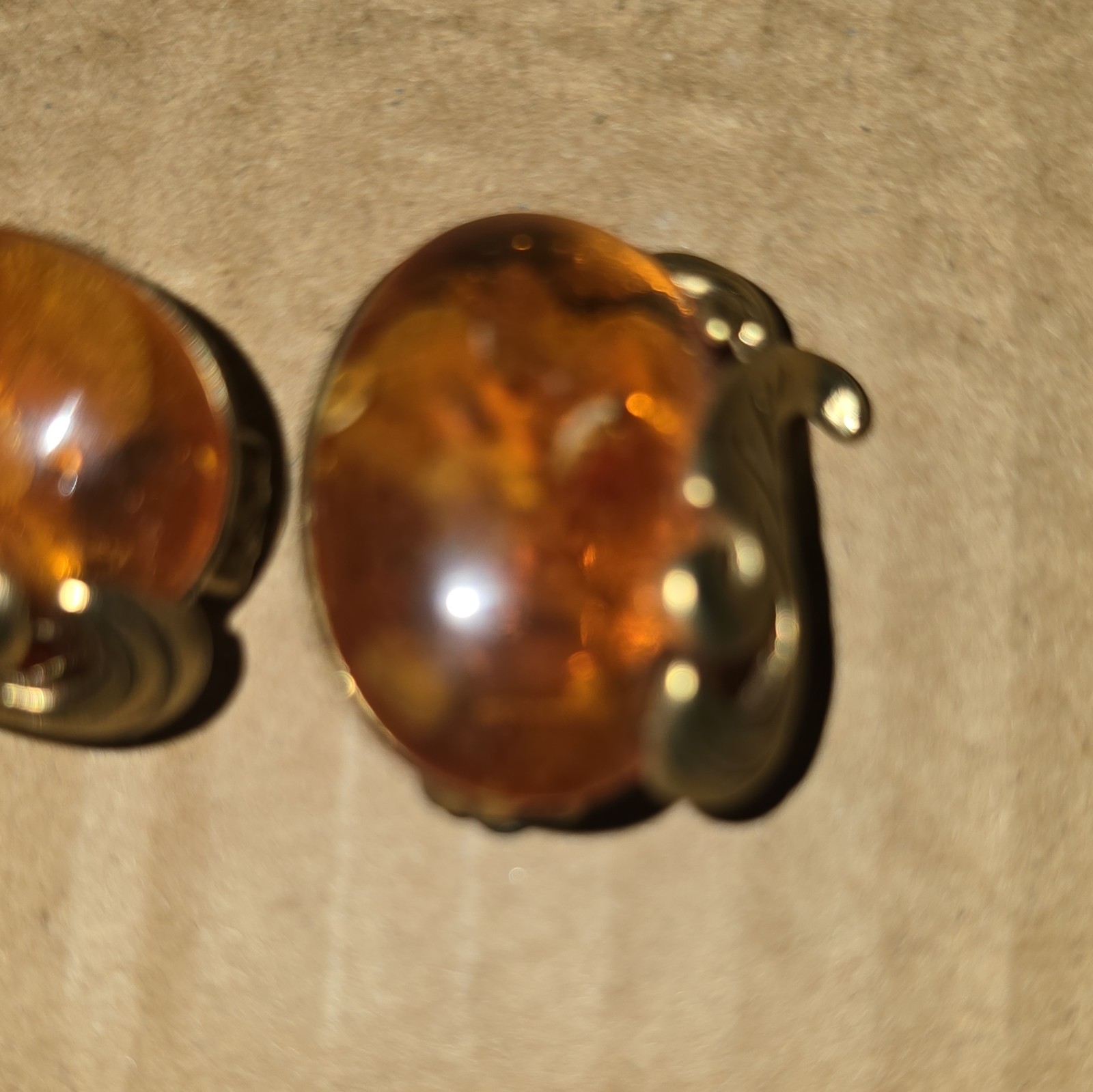 Silver Tone Clip-On Stud Earrings Oval Brown Amber Cabochon Bezel Pair