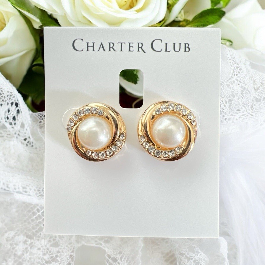 Charter Club 3/4″ Gold Tone Imitation Pearl Post Back Earrings-NWT