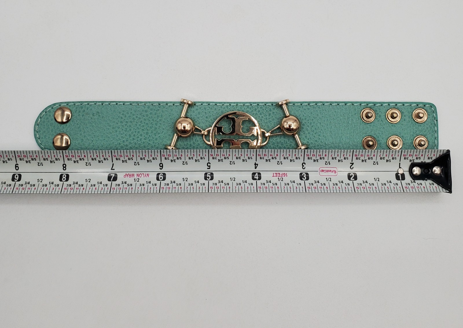TT Monogram Wrap Bracelet 1in Wide Mint Green Pebble Leather Gold Tone Hardware