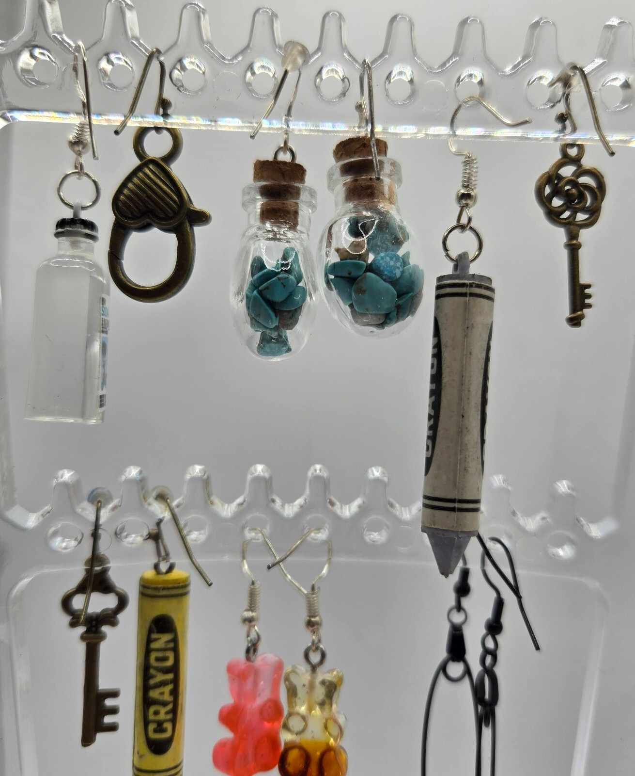 Lot Of 18 Safety Pins, Keys, Bears, Glass DANGLE Mix/Match Novelty Earrings NEW