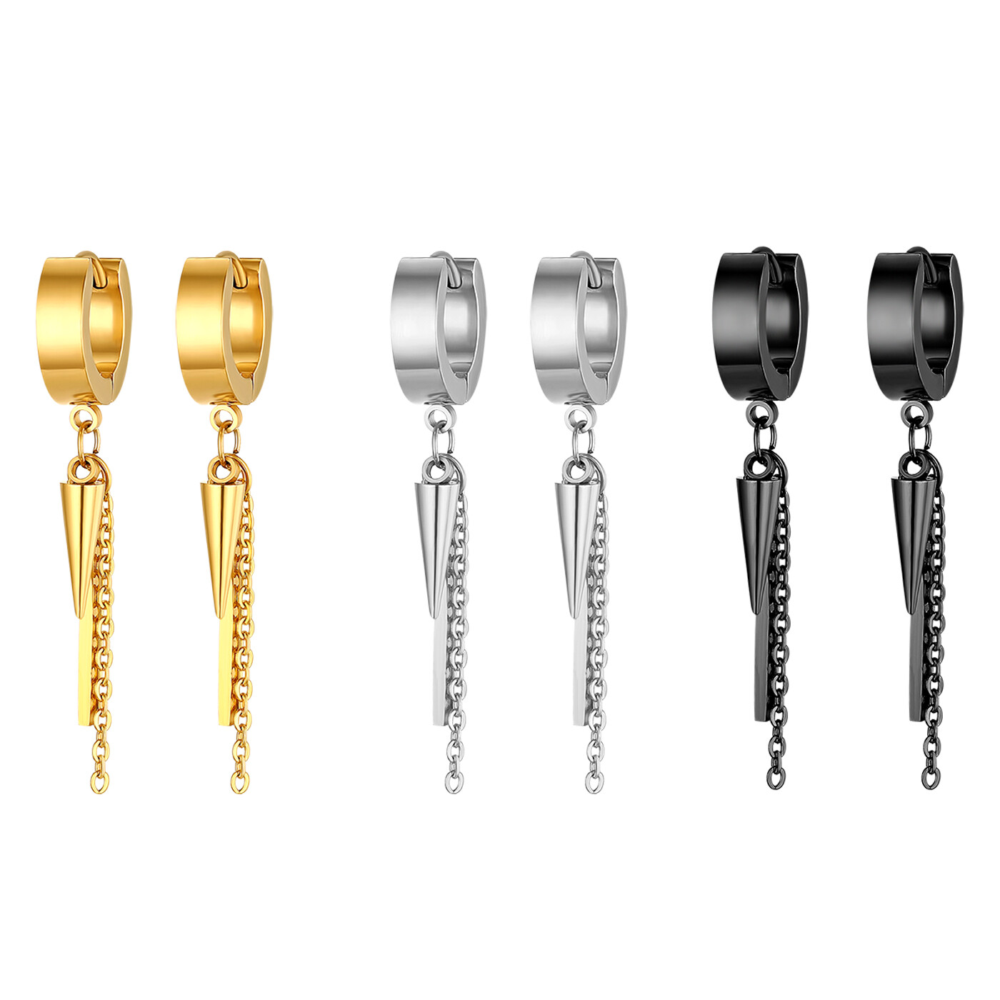 2pcs Men’s Womens Stainless Steel Chain Rivet Hinged Huggie Dangle Hoop Earrings