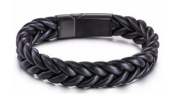 Unisex Black or Brown Stainless Steel and Woven Leather Cuff Bracelet Wristband