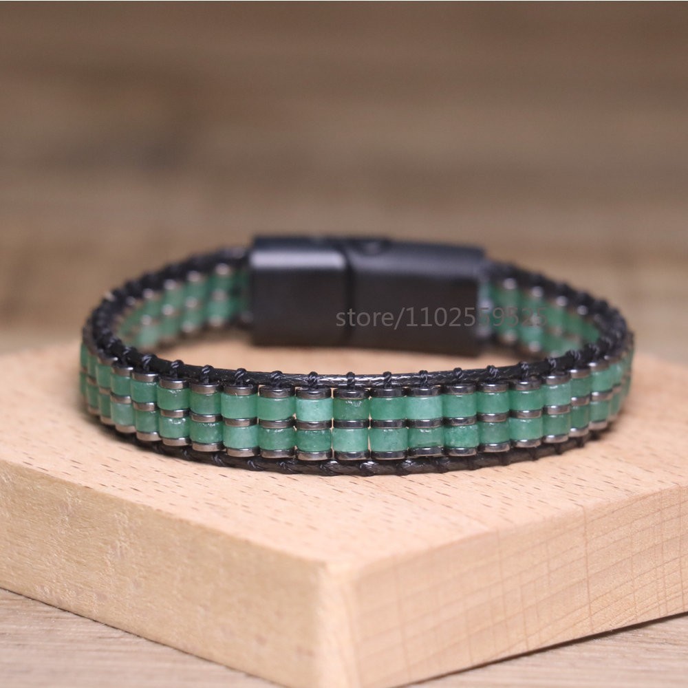 Men’s Green Aventurine Hematite Leather Braided Bracelet Magnetic Clasp Bangle