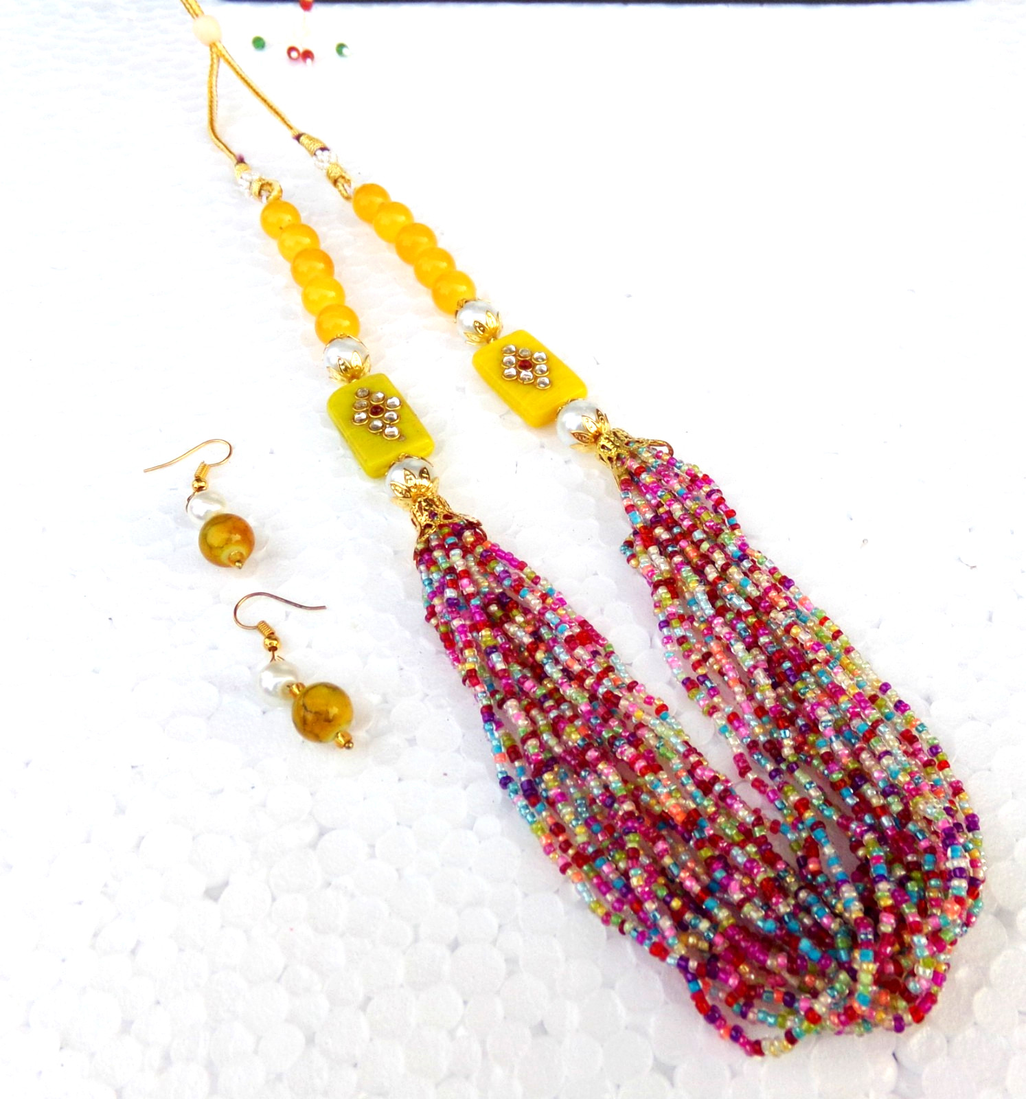 Indian Bollywood Gold Plated Pearls Mala Beaded CZ Necklace Earrings Jewelry Set